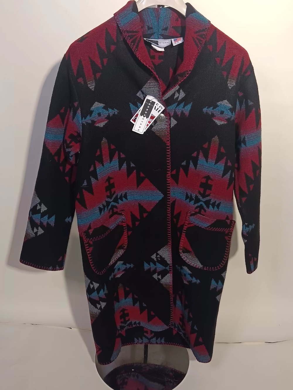Southwestern-Print Open Front Trench Coat - Black with Red & Teal Accents